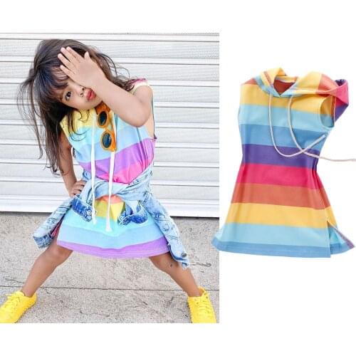 NEW 2020 Sweet Kids Baby Girl Summer Dress Clothes Rainbow Striped Sleeveless Hooded Dress Outfit Sunsuit 1-7Y