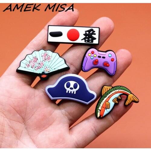 Original PVC Croc Shoe Charms Fish Fan Japanese Game Handle Hat Sandals Decorations Accessories for Jibz Kids Party Gifts U212