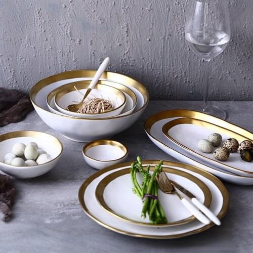 Gold plate Ceramic Tableware Originality Solid Color Dish Bowl Breakfast Dish Household Plate Ceramic Bowl