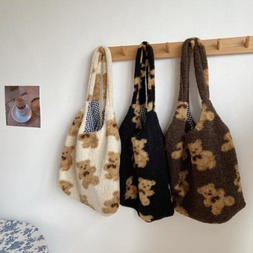 Lady Handbags Large Capacity Soft Shopping Bags Girls Cute Women Lamb Like Fabric Shoulder Tote Bag Canvas Fluffy Fur Bear