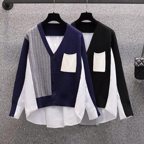 V-Neck Knitted Stitch Cardigan Plus Size Korean Autumn Elegant Fashion Blouses And Tops WomenS Oversize Shirt Clothing 2021