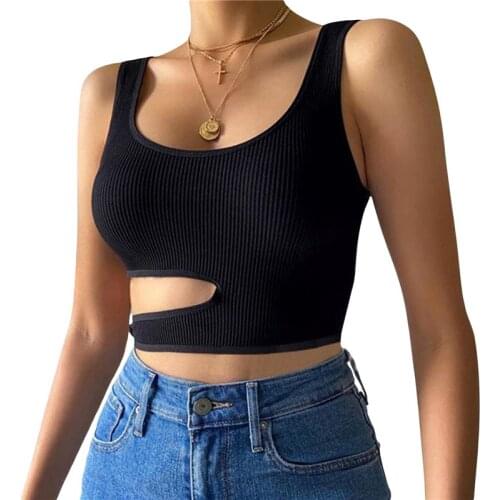 Women’s Solid Color Hollow Out Sexy Vest Tank Tops U-neck Hollow Exposed Navel Backless Sleeveless Crop Tops Slim Tube Tops Club