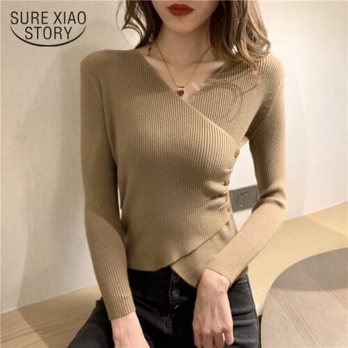 2021 Spring Women Cross V-neck Sweaters Girls Knitted Knitwear Side Button Sweater Full Sleeve Pullovers Female Crop Tops Chic