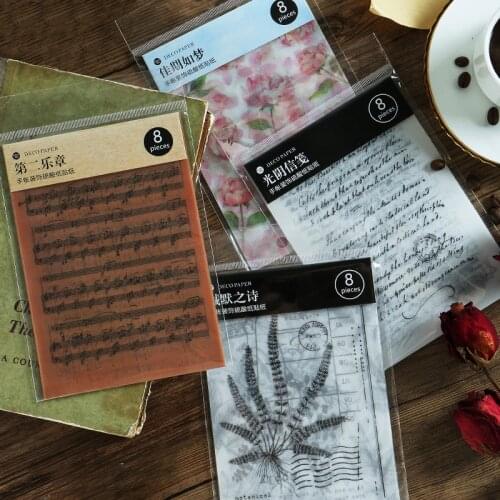 8Pcs/pack Vintage Butter Paper Adhesive Stickers Pack DIY Decorative Handmade Background Sticker Scrapbooking Journal Supplies