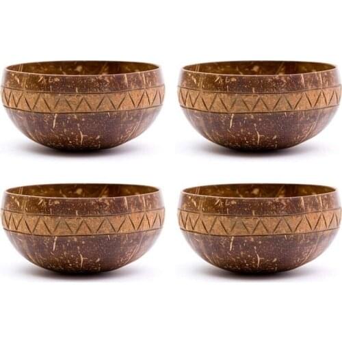 Handcarved Zigzag Coconut Bowl,Vegan Organic Salad Smoothie Buddha Acai Bowl for Kitchen, Dining and Decoratio 4Pcs