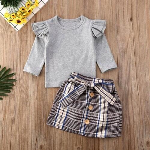 2PCS Focusnorm Kids Baby Girl Autumn Dress Clothes Set Long Sleeve T-shirt+Plaids Skirt Outfits Children Kids Clothes