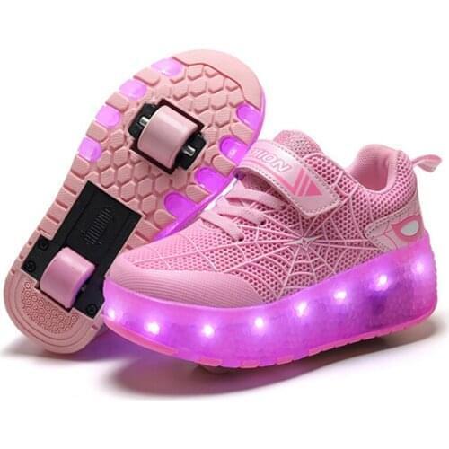 Roller Skate Shoes for Kids Boys Girls LED Lighted Wheels Sneakers with On Double Wheels Children Glowing Roller Sneakers Shoes