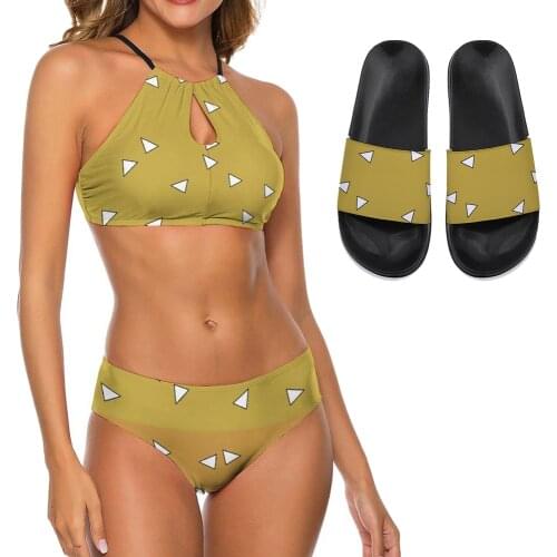 Demon Slayer Bikini Slipper Suit Cosplay Agatsuma Zenitsu Anime Women Swimsuit Flip Flop 3 Piece Swimwear Sandal Summer Merch