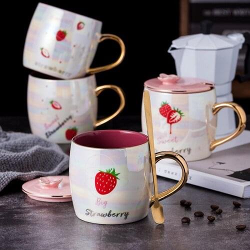 Cartoon Ceramics Strawberry Mug Coffee Milk Mugs with Lid and Spoon Cute Breakfast Cup Valentines Day Wedding Birthday Gift