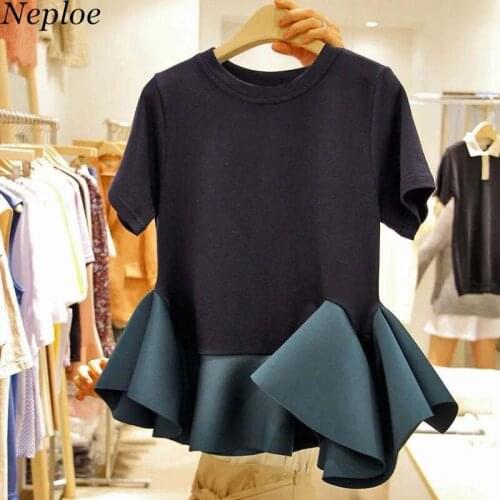 Neploe 2021 Korean Summer Ruffles Female T Shirts Short Sleeve O-neck Women Tops New Preppy Style Patchwork Camisetas 67994