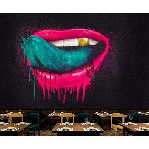 Customized large-scale 3D mural wallpaper graffiti gold teeth big mouth tooling background wall