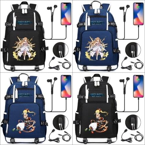 Sword Art Online SAO Student Backpack USB Charging Headphone Canvas Rucksack Zip Teenager Cartoon Schoolbag Travel Laptop Bag
