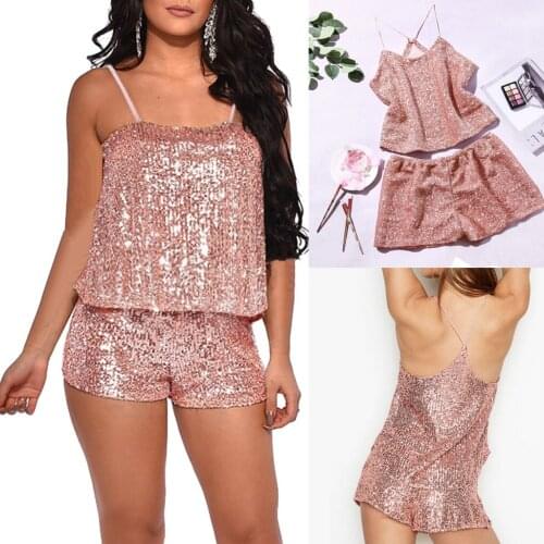 Sexy Pajamas Sleepwear Set Round Neck Sleeveless Sequins Shorts Underwear for Women Casual Nightwear Bielizna Damska Size S-XL