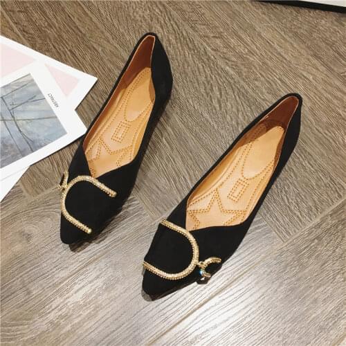 Pink Black Flock Flats Slip On Women Shoes Glitter Crystal Buckle Pointed Toe Shallow Single Shoes Fashion Ladies Loafers