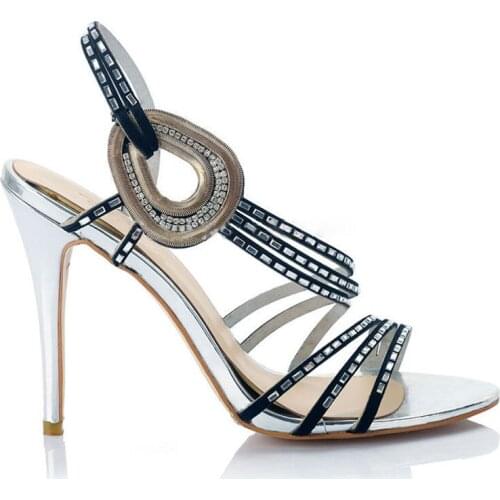 Woman Circle Crossed Rhinestone Straps Sandals Silver Thin High Heels Peep Toe Shoes Summer Bling Party Sandals