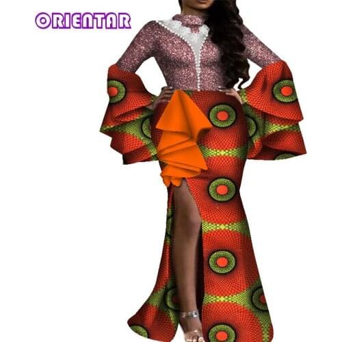 Fashion Style African Dresses for Women African Prints Glitter Long Robe Africaine Bazin Riche Ankara Split Dress Dashiki WY7969