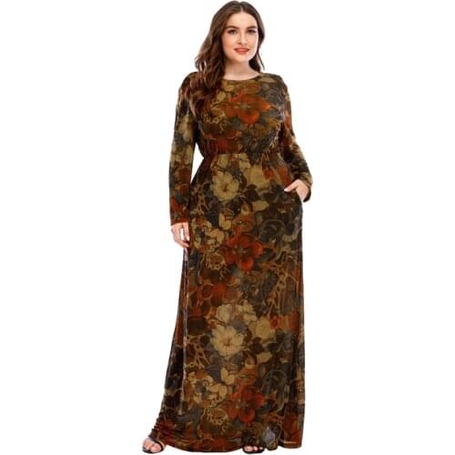 2021 Autumn Winter Dress Plus Size 5XL Women Long Sleeve Retro Floral Print Vintage Dress Pockets High Waist Maxi Long Dresses
