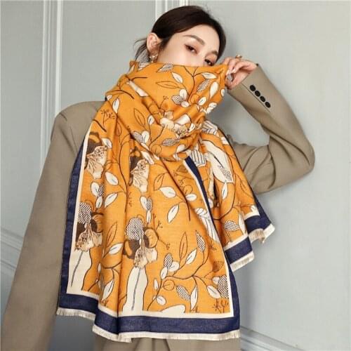 Winter Cashmere Scarf Women Warm Floral Printed Air-conditioning Decoration Thick Shawl Long Wrap 2021 Blanket Pashmina