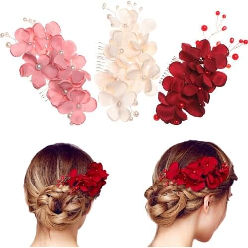 1Pc Red Flower Hair Comb Bridesmaid Crystal Hair Clip Bridal Hairpin Wedding Hair Jewelry For Women Party Gift Hair Combs