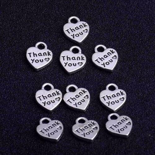 10PC Carved Alphabet Thank You Love Heart Charms DIY Pendant Necklace Bracelet Jewelry Making Handmade Accessories Silver Plated