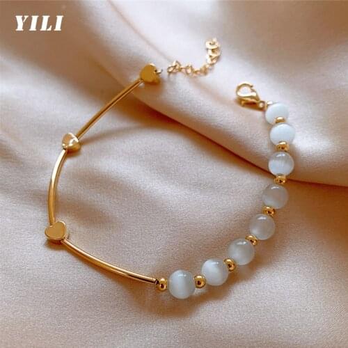 2021 New Fashion 8mm Natural Opal Bead Bracelets Adjustable Heart-Shaped Metal Bracelets for Women Girls Fashion Jewelry