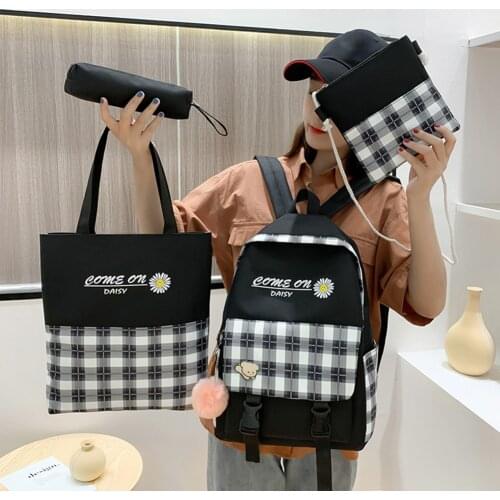 4pcs/Set Canvas Backpacks Daisy Flower Plaid School Rucksack Teenager Girls Large Capacity Mochila Cute Shoulder Bookbags