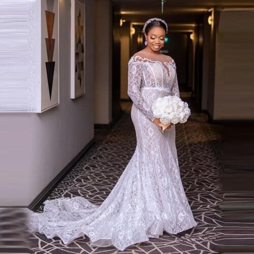 Aso Ebi Full Lace Wedding Dresses Mermaid Sheer Neck Long Sleeves Plus Size African Bridal Gowns Dress vestidos de novia