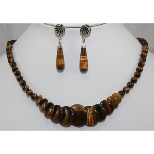 Free Shipping wholesale noble 10mm 18" tiger eye stone beads and coins necklace & stud earrings jewelry set