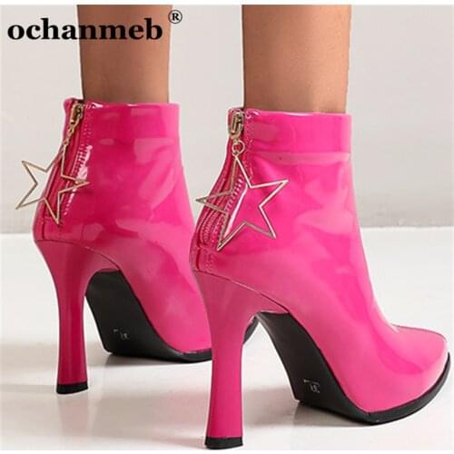 Largest Size 50 12 Women Thin High Heels Short Boots Fall Shoes Woman Shiny Patent Leather Hot Pink Gold Boot Lady Bootie Female