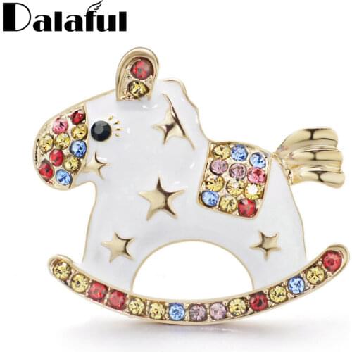 Dalaful Cute Trojans Horse Broches For Women Colorful Crystal Animal Hobbyhorse Star Brooch Pin Jewelry Scarf Accessory Z072