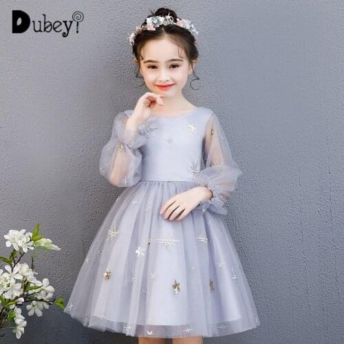 Elegant Teens Girls Stars Embroidery Party Dress Puff Tulle Sleeve Princess Costumes Silver Evening Dress for Kids