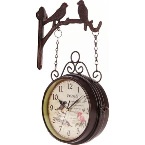 European Vintage Two Birds on Branch With Rose Flower Design Double Sided Round Hanging Wall Mounted Decor Iron Clock