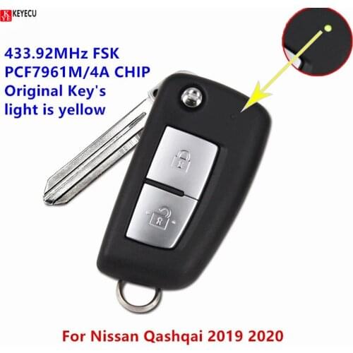 KEYECU For Nissan Qashqai 2019 2020 Flip Remote Key Car Key Yellow Led 2 Button PCF7961M / HITAG AES / 4A CHIP 433.92MHz FSK