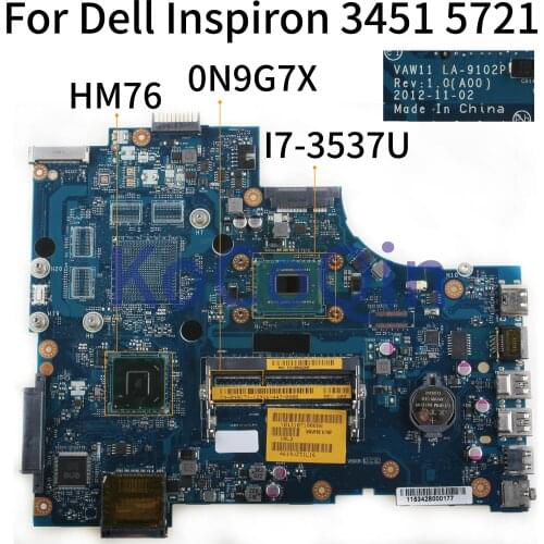 KoCoQin Laptop motherboard For Dell Inspiron 17R 3721 5721 I7-3537U Mainboard CN-0N9G7X 0N9G7X VAW11 LA-9102P SR0XG CPU