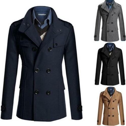 Mens Top Coat Double Breasted Slim Long Peacoat Winter Fashion 2020 Hot Sale Solid Color All-Match Casual Street Hipster
