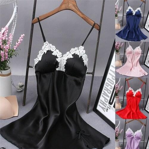 2019 New Sexy Women V-neck Exotic Dresses Satin Silk Lace Lingerie Pajama Nightwear Strap Deep V-neck Dress Nightgown Sleepwear