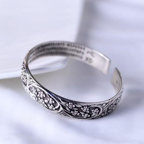 BOCAI 2021 New Solid Real s925 Silver Retro Pattern Wide Bracelet Heart Sutra Open fFashion Woman Bracelet