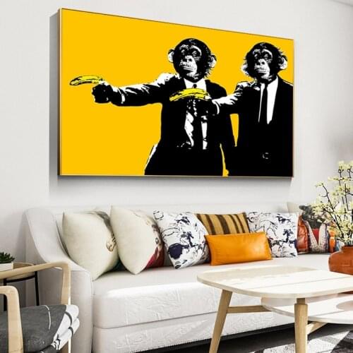 Orangutan Monkey Art Canvas Print Painting Gorilla Holding Banana Animal Funny Modern Yellow Wall Picture Home Decoration Poster