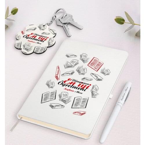 Personalized World Best Teacher White Notebook Pen And Keychain Gift Seti-7