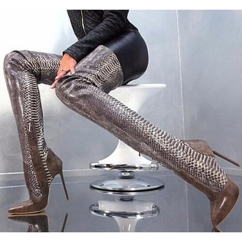 Sexy Python Snake skin Print Boots Pointed Toe Thigh High Heel Botas Overknee Motorcycle Stiletto Long Botines Shoes Woman
