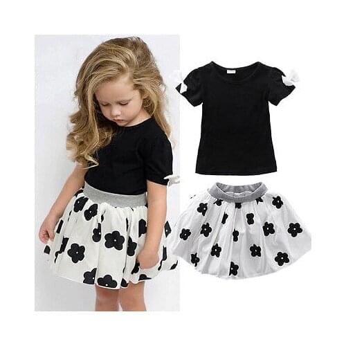 Baby Girls Floral Dress Kids Black Shirt Bow Skirt Toddler 2PCS Set Children Clothes Infant Outfits