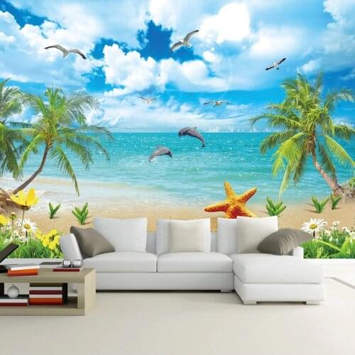 Beach Landscape Wall Mural Blue Sky White Clouds Seagull Dolphin Coconut Tree 3D Photo Wallpaper Living Room Bedroom Decoration