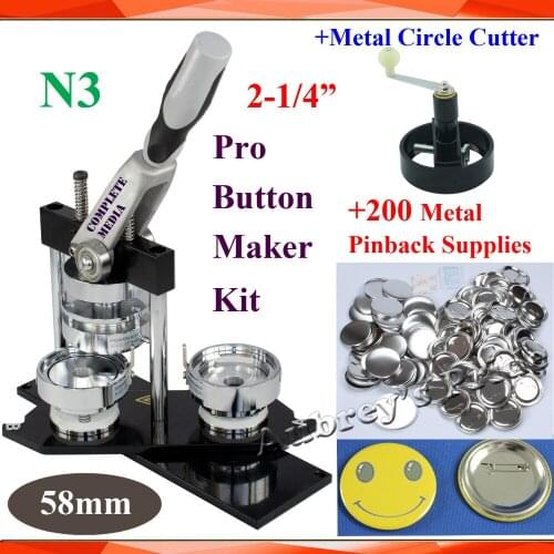 Pro N3 NEW Worldwide Class 2-1/4":58mm Badge Button Maker Machine +Metal Circle Cutter+200 Sets Metal Pinback Button Supply