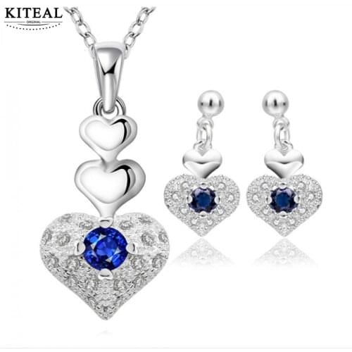 Silver Fashion Jewelry Set Blue Crystal Heart Necklace Earrings mothers day gifts for mom Womens Jewelry Bridal Party sets 925