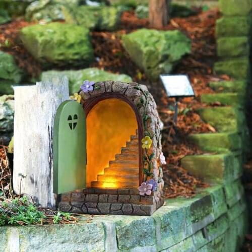 Fairy Door Solar Light Steps Stone Door Miniature Secret Magical Fairy Garden Ornament Outdoor Figurine 15cm Tall