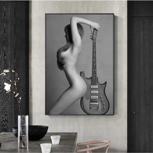 Modern Naked Girl with Guitar Canvas Painting Sexy Woman Black White Wall Art Posters and Prints for Interior Home Decor Bedroom