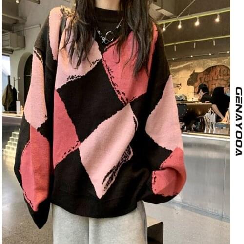 Genayooa Geometric Sweater Women O Neck School Clothing Long Sleeve Korean Knitted Pullover Vintage Autumn Winter Jumper Fashion