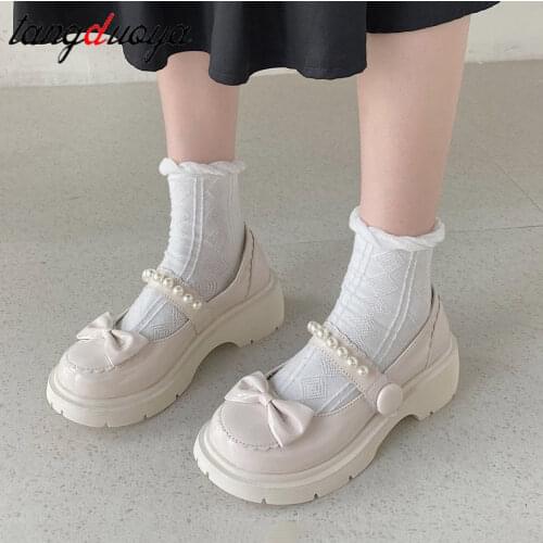 White shoes platform Women small leather Japanese Mary Jane shoes jk thick square toe vintage College Student shoes heels Women