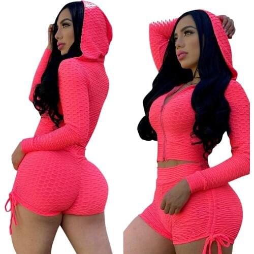 Long Sleeve Running Sets Summer Women Sportswear Workout Yoga Fitness Two Pieces Sets Hoodies Crop Tops+Shorts Skinny Tracksuits