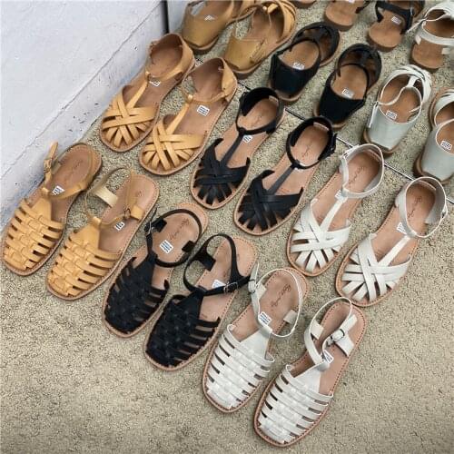 British Style Girls Weave Gladiator Sandal Women Square Toe Flat Casual Shoes femmes sandales 2021 Summer Flip Flops Beach Shoes